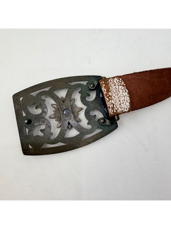Aldo Y2K Western Boho Distressed Leather Belt Rhinestone Buckle Studded Brown main image 7